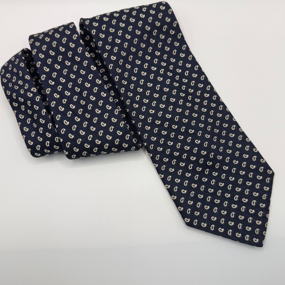 Faconnable Silk Tie OS Navy Blue Paisley Print Handmade France Preppy Business